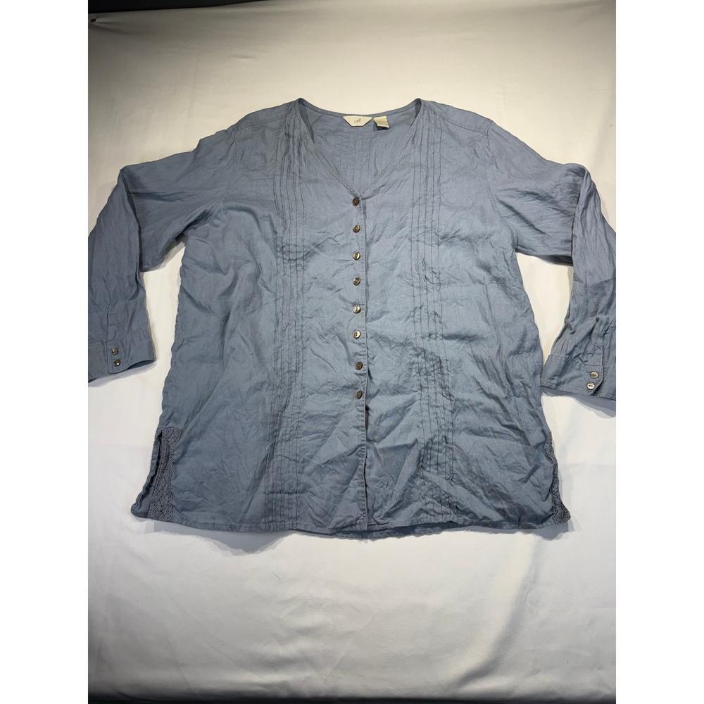 J. Jill Womens XL Blue 100% Linen Pintuck Crochet Lace Trim Button Front Tunic